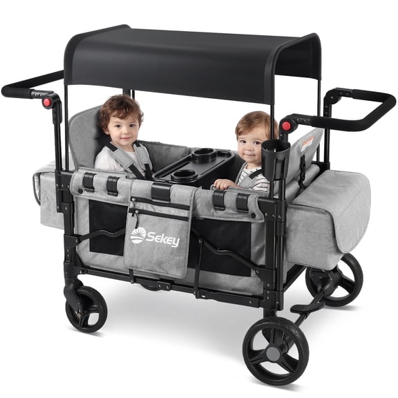 Sekey Wagon Stroller Luxury 4-in-1 Stroller Wagon with Convertible Seats, Adjustable Push Handles, Removable Canopy, Snack Tray & Cooler