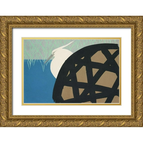 Sekka, Kamisaka 18x13 Gold Ornate Wood Framed with Double Matting Museum Art Print Titled - White heron from Momoyogusa