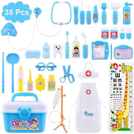 Sekkvy 35Pcs Pretend Doctor Kit Toy for Kids Medical Play Set Nurse Dentist Pretend Roles Costume Dress-Up for Boys Girls Birthday Gifts Blue
