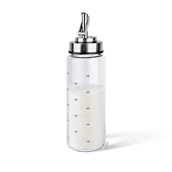 Sekonow 1 Pack Sugar Dispenser with Automatic Pour Spout, Sugar Container Glass Shaker Pourer with Stainless Steel Lid & Scale for Coffee Bar and Station, 10.2oz