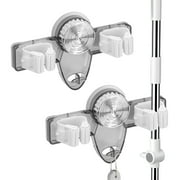Sekonow 2 Pack Broom Holder Mop Hanger - Strong Suction Cup - No Drill Removable Broom Organizer Rack Wall Mount with Hooks for Bathroom Kitchen Garage, Clear Grey