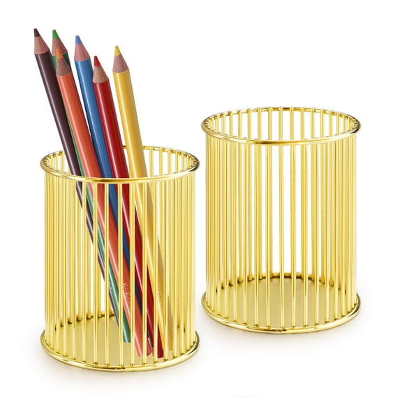 Sekonow 2 Pack Pen Holder for Desk, Metal Wire Pencil Holder Makeup Brush Holder, Pencil Cup Pen Organizer for Home Office, Gold