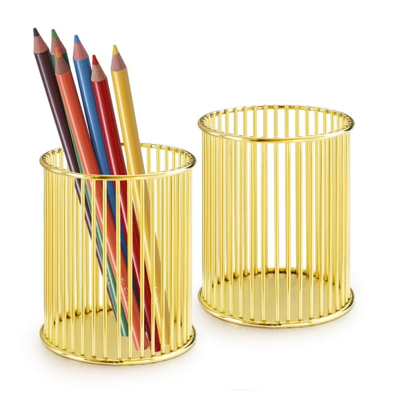 Sekonow 2 Pack Pen Holder for Desk, Metal Wire Pencil Holder Makeup Brush Holder, Pencil Cup Pen Organizer for Home Office, Gold