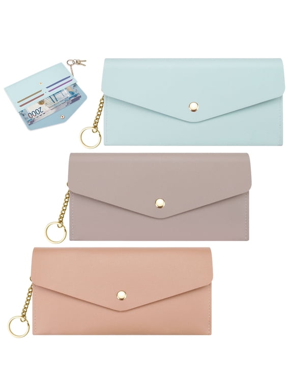 3 PCS Cash Wallet, 2-Tier Reusable Cash Envelope Wallet with 4 Credit Card Slots for Men Women, Leather Money Bag Pouch Organizer for Check Billing, Blue Pink Purple