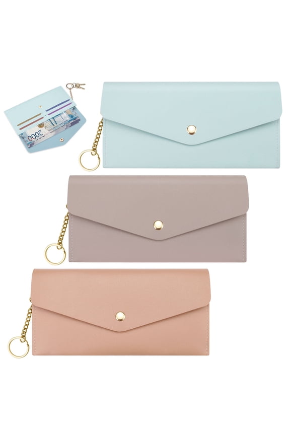 3 PCS Cash Wallet, 2-Tier Reusable Cash Envelope Wallet with 4 Credit Card Slots for Men Women, Leather Money Bag Pouch Organizer for Check Billing, Blue Pink Purple