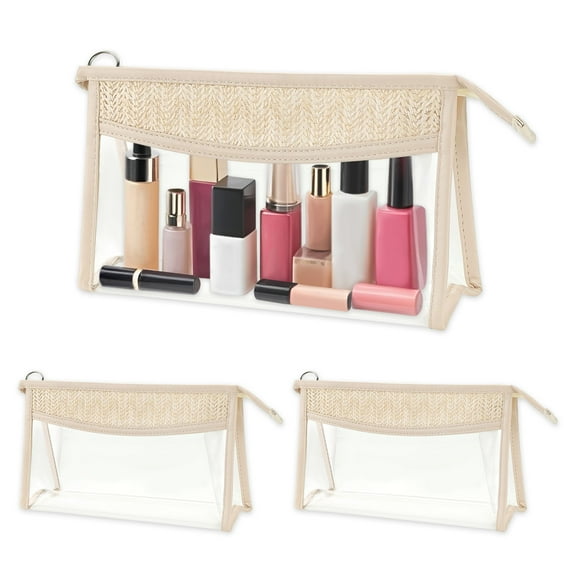 Sekonow 3 Pack Boho Clear Makeup Bag, Cosmetic Pouch Transparent Toiletry Bag with Zipper, Waterproof Make Up Organizer for Women Travel Beach Sunscreen