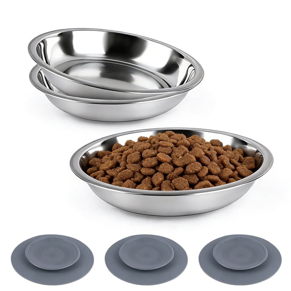Sekonow 3 Pack Cat Bowls with Silicone Suction Cup Base, Stainless Steel Shallow Cat Dishes Whisker Friendly for Food Water, Non-Slip Indoor Kitten Basic Metal Plate, 15.6cm/6.1in