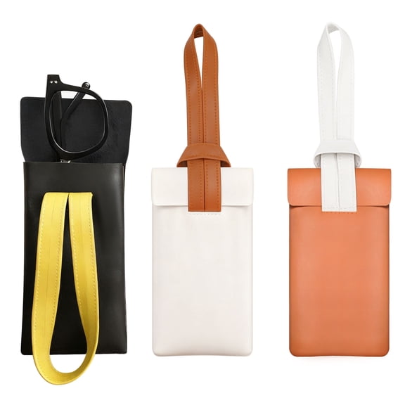 Sekonow 3 Pack Glasses Case Soft Eyeglass Case, Slim Leather Sunglasses Pouch Hanging Travel Bag Holder with Carrying Strap for Women Men, Black+White+Orange