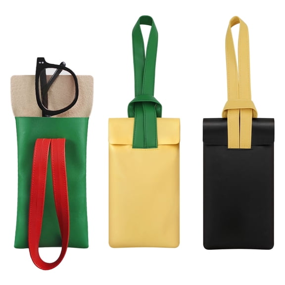 Sekonow 3 Pack Glasses Case Soft Eyeglass Case, Slim Leather Sunglasses Pouch Hanging Travel Bag Holder with Carrying Strap for Women Men, Black+Yellow+Green