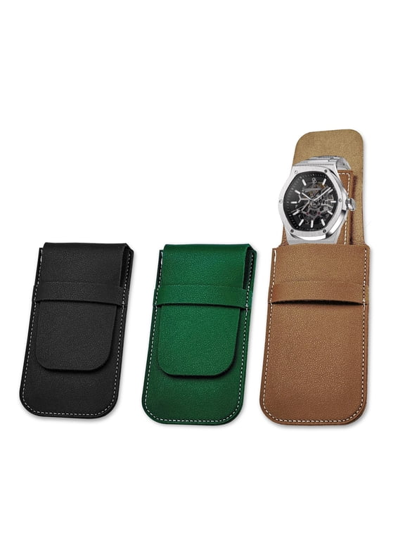 3 Pack Leather Watch Pouch, Watch Travel Case with Suede Lining and Leather Insert, Single Storage Roll for Men Women