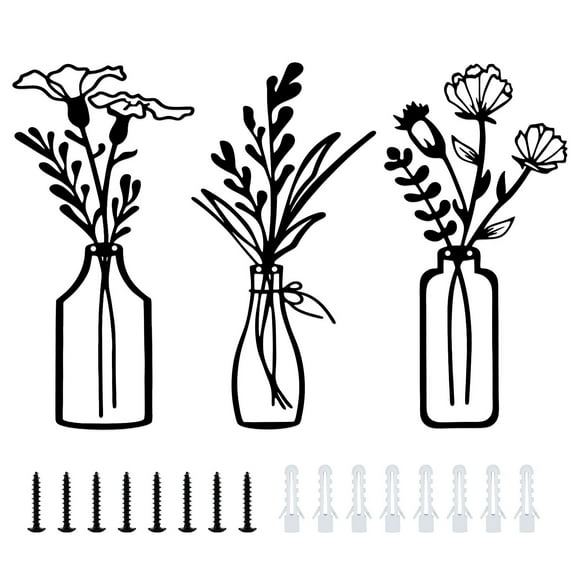 Sekonow 3 Pieces Metal Flowers Wall Art, Rustic Farmhouse Minimalist Floral Vase Wall Decor for Bathroom Living Room Bedroom Dining Room Kitchen Home Office, Black A