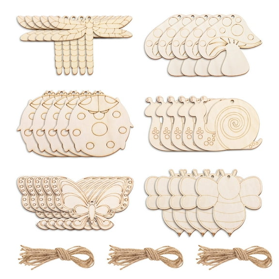 Sekonow 30 Pack Unfinished Wood Crafts to Paint, 6 Styles Wooden Ornaments Hanging Wood Cutouts, Bee Dragonfly Butterfly Ladybug Snail Mushroom Shape DIY Crafting, Insect