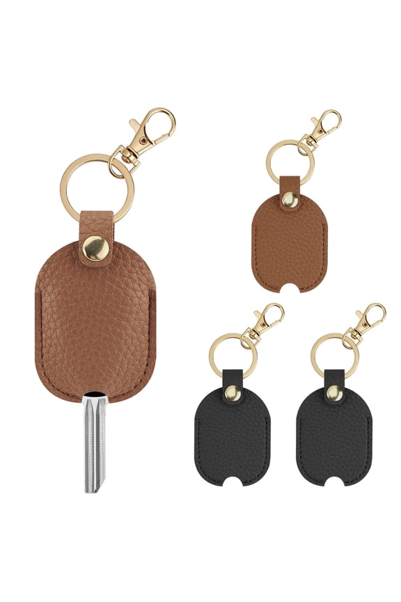 4 Pack Car Key Cover, PU Leather Sleeve for Broken Car Key Loop Replacement, Protector Holder Keychain for Women Men, Black + Brown