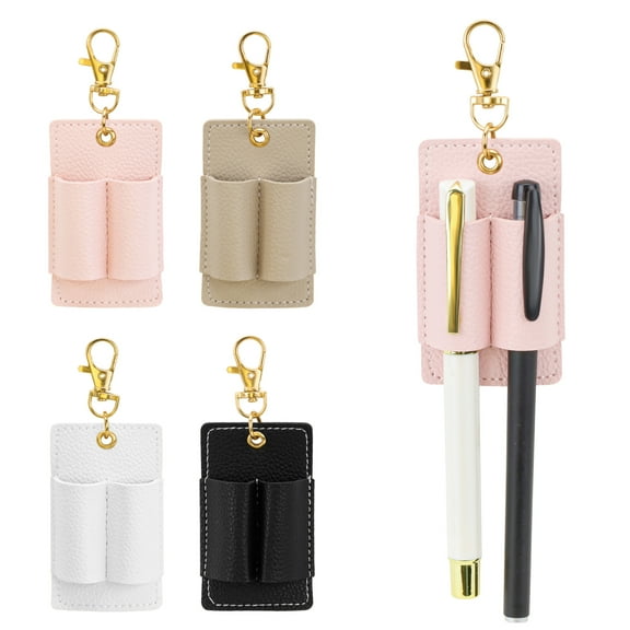 Sekonow 4 Pack Double Pen Holder for Lanyard, Anti-Lost Pen Clip for Retractable Badge Reel & Neck Lanyard, Pocket PU Leather Keychain for Nurse Clerk, 4 Colors