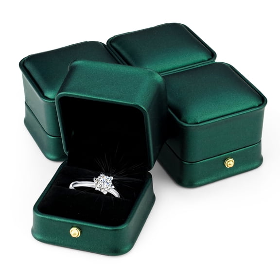 Sekonow 4 Pack Ring Box, Glossy Leather Velvet Square Jewelry Ring Gift Box Vintage Ring Case for Engagement Proposal Wedding Ceremony Display, Blackish Green