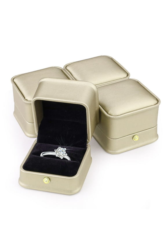 4 Pack Ring Box, Glossy Leather Velvet Square Jewelry Ring Gift Box Vintage Ring Case for Engagement Proposal Wedding Ceremony Display, Champagne
