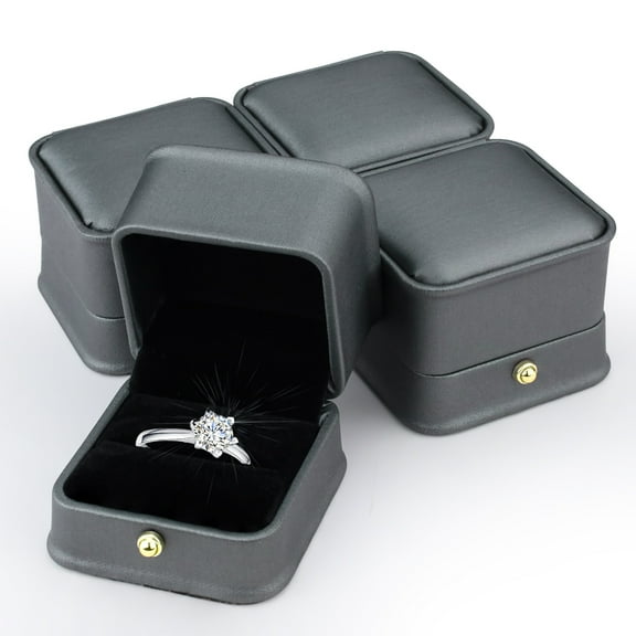 Sekonow 4 Pack Ring Box, Glossy Leather Velvet Square Jewelry Ring Gift Box Vintage Ring Case for Engagement Proposal Wedding Ceremony Display, Grey