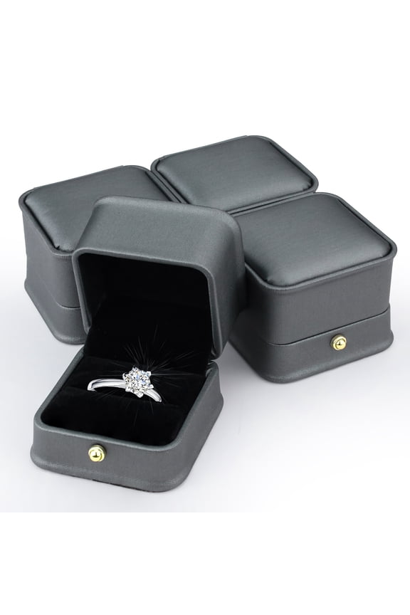 4 Pack Ring Box, Glossy Leather Velvet Square Jewelry Ring Gift Box Vintage Ring Case for Engagement Proposal Wedding Ceremony Display, Grey