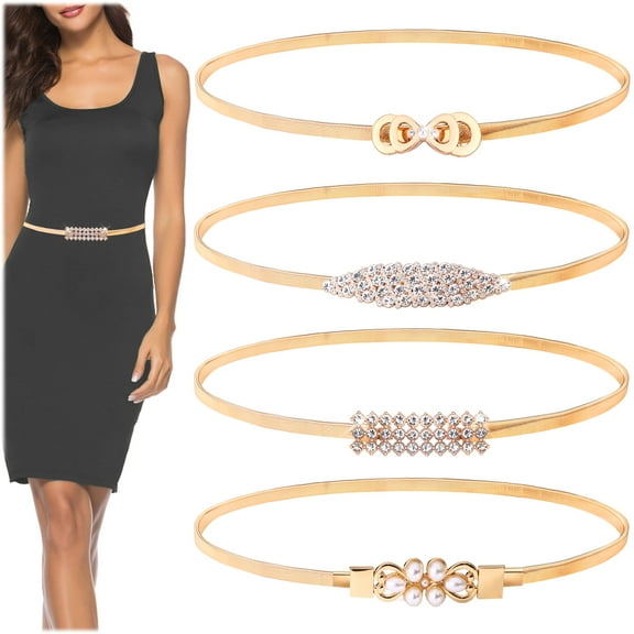 Sekonow 4 Pack Women Gold Skinny Waist Belt for Dress, Elastic Metal Chain Belt Fashion Rhinestone Pearl Thin Stretchy Cinch Belt Waistband, Gold