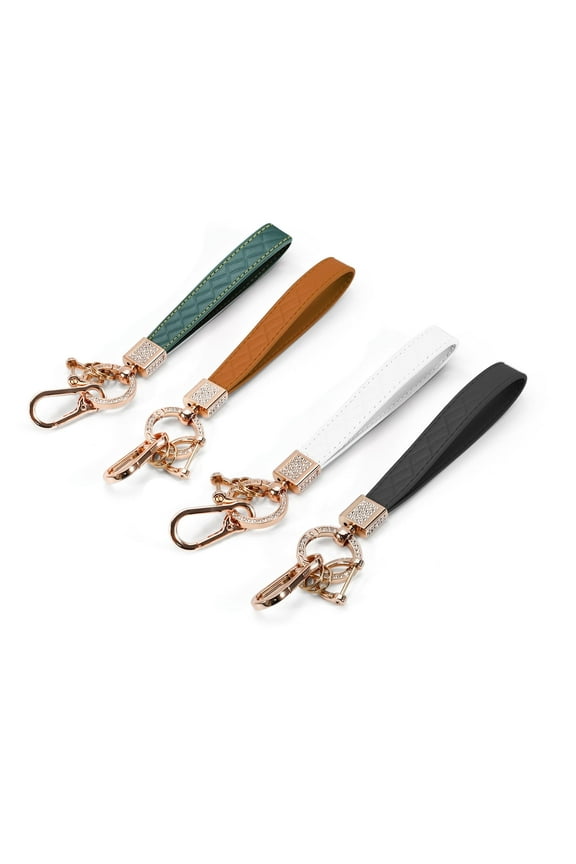 4Pcs Leather Keychain Wristlet, Rhinestone Inlaid Alloy Car Key Chain, 360°Rotatable Wrist Fob Keychain Holder with 4 Key Ring + Anti-Lost D Ring + Carabiner Clip, Black+White+Brown+Blue Grey
