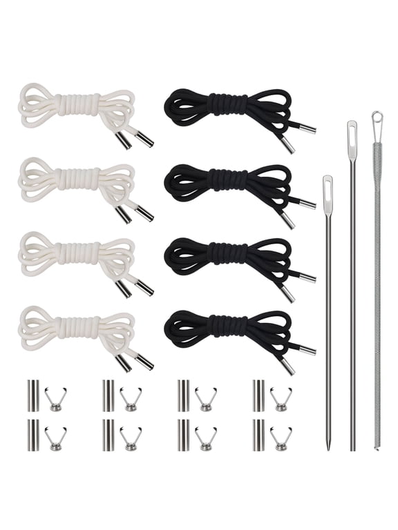 8 Pieces 52 Inches Drawstring Cord Kit-Hoodie String Replacement with 3 Easy Threaders for Sweatpants, Shorts, Pants, Jackets, Coats, White + Black