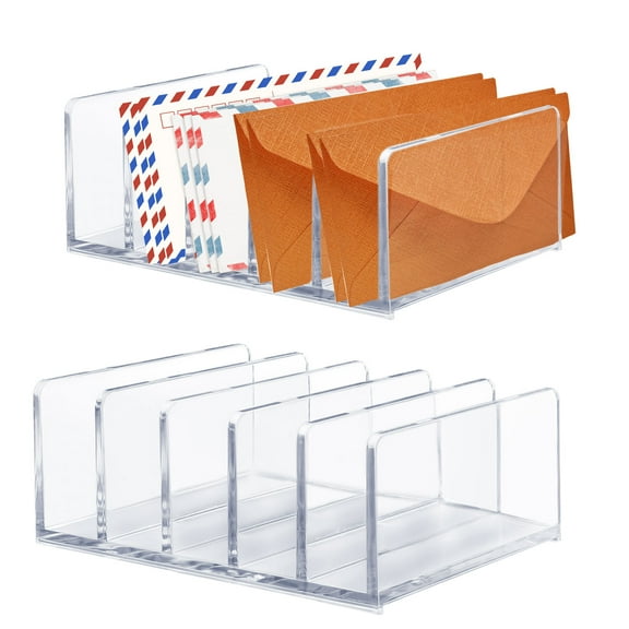 Sekonow Acrylic Mail Organizer for Desk, 5 Compartments Thick Clear Mail Holder Letter Sorter Countertop, Modern Office Home Envelope Fill Bill Organizer, 2Pcs