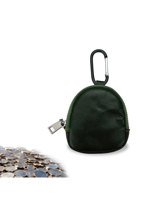 Coin Purse for Men, Small Coin Pouch Keychain with Carabiner, Genuine Leather Change Wallet Zipper Bag Holder, Dark Green