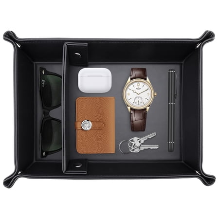 Sekonow Leather Valet Tray for Men, 2 Compartments Key Tray Nightstand Organizer Vanity Tray Bedside Caddy Entryway Table Catchall Tray for Wallet, Watch, Phone, Coin, Jewelry, Black