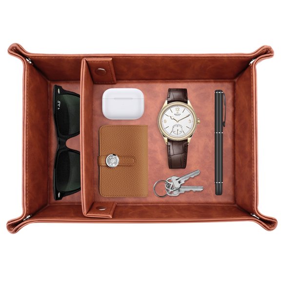 Sekonow Leather Valet Tray for Men, 2 Compartments Key Tray Nightstand Organizer Vanity Tray Bedside Caddy Entryway Table Catchall Tray for Wallet, Watch, Phone, Coin, Jewelry, Brown