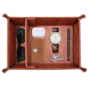 Sekonow Leather Valet Tray for Men, 2 Compartments Key Tray Nightstand Organizer Vanity Tray Bedside Caddy Entryway Table Catchall Tray for Wallet, Watch, Phone, Coin, Jewelry, Brown