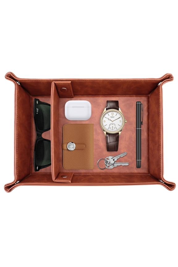 Leather Valet Tray for Men, 2 Compartments Key Tray Nightstand Organizer Vanity Tray Bedside Caddy Entryway Table Catchall Tray for Wallet, Watch, Phone, Coin, Jewelry, Brown