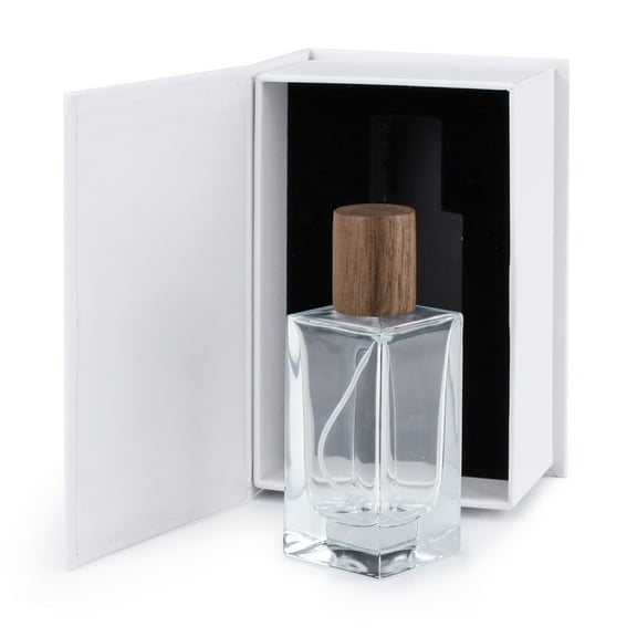 Sekonow Perfume Bottles Empty with Wood Lid, 50ml 1.7oz Refillable Perfume Atomizer Sprayer with Box, Glass Thick Base Square Perfume Spray Bottle Dispenser for Travel, Black