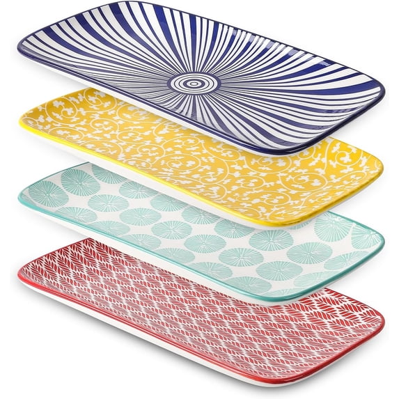 Selamica Ceramic Serving Platters, 14 Inch Serving Trays for Party Entertaining, Large Rectangular Serving Plates for Appetizer, Charcuterie, Dessert, Fruit, Set of 4, Assorted Colors