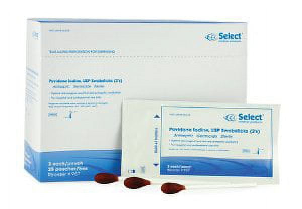 Select Impregnated Swabstick 3 Pack Individual Packet, 10% Povidone-Iodine, Case of 750