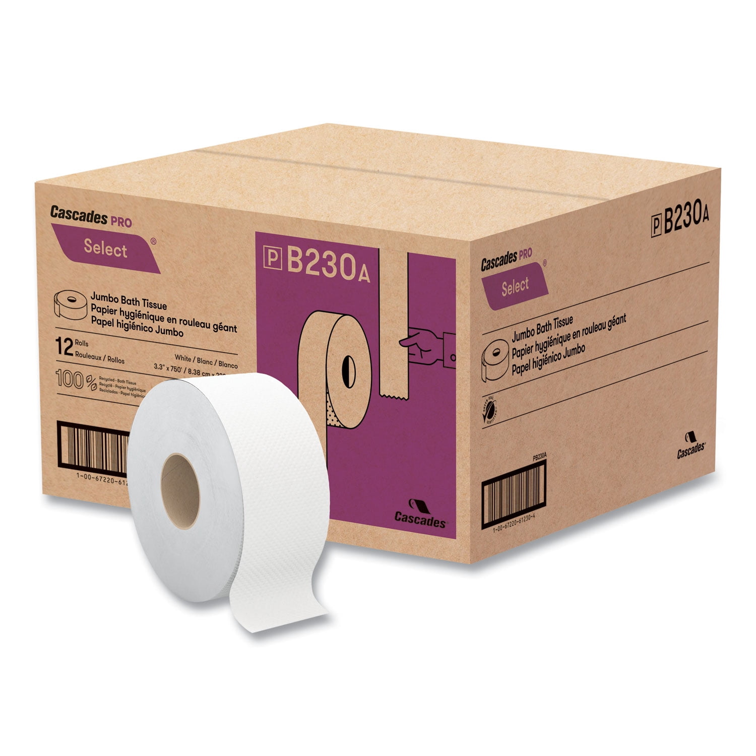 Select Jumbo Bath Tissue, Septic Safe, 2-Ply, White, 3.3" x 750 ft, 12/Carton | Bundle of 2 Cartons