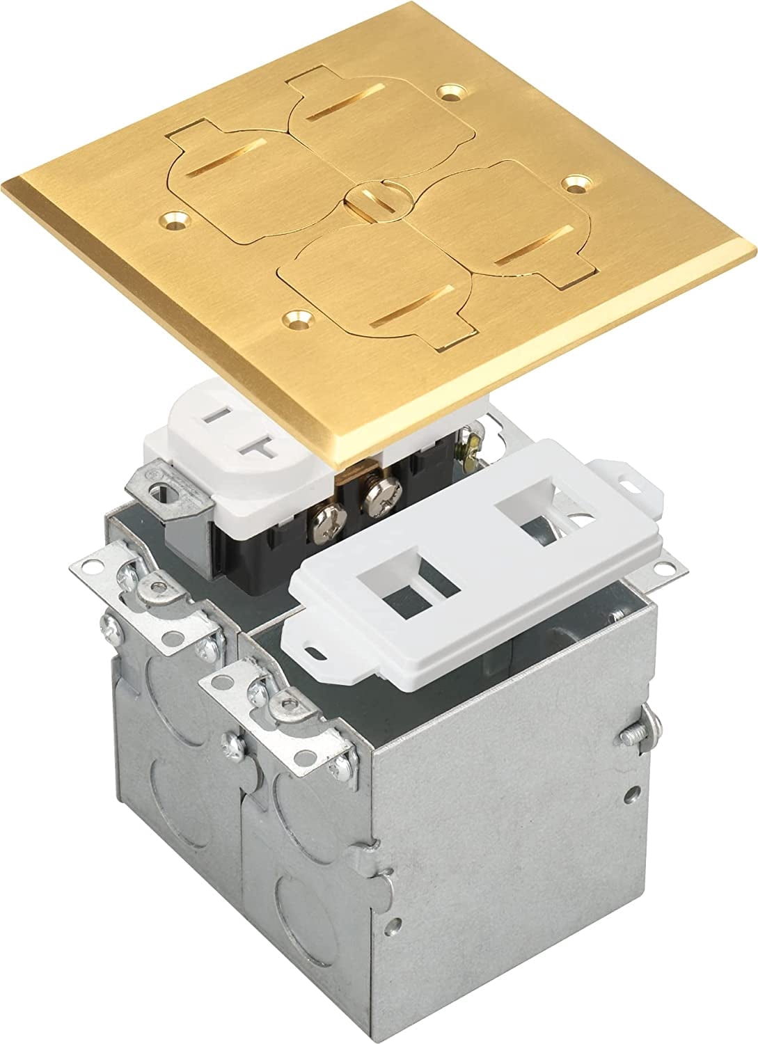 SELECT Lighting SLFB-2G-TR20-LV-BR 20A Receptacle Outlets, Tamper Resistant Electrical Floor Box with Flip Lid and Brass Cover, Retractable Recessed Socket for Kitchen, Countertops & Floors