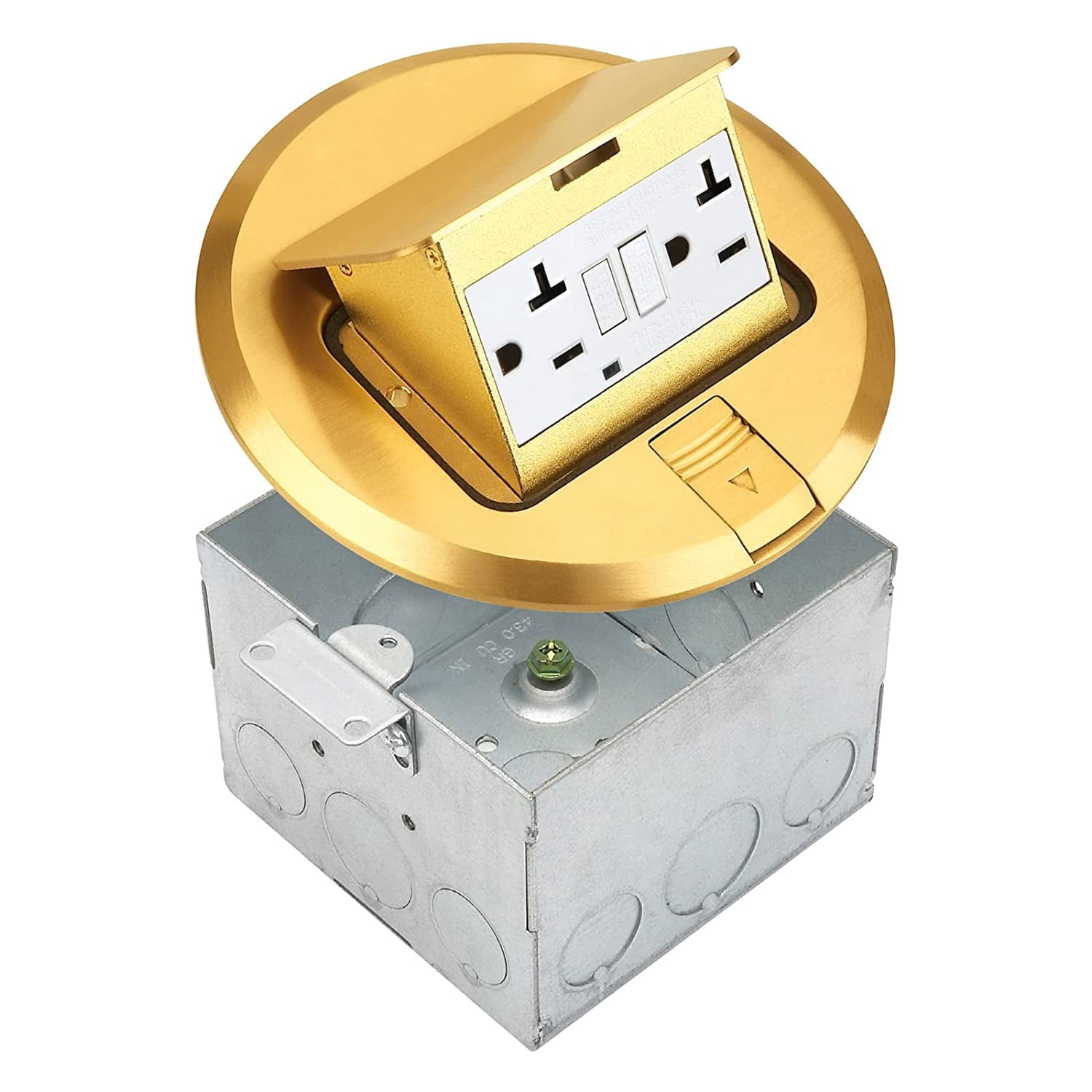 SELECT Lighting SLFB-PU-GFCI-BR 20A Pop Up USB Outlet Receptacles, GFCI Tamper Resistant Round Electrical Floor Box with Brass Cover, Retractable Recessed Socket for Countertops & Floors