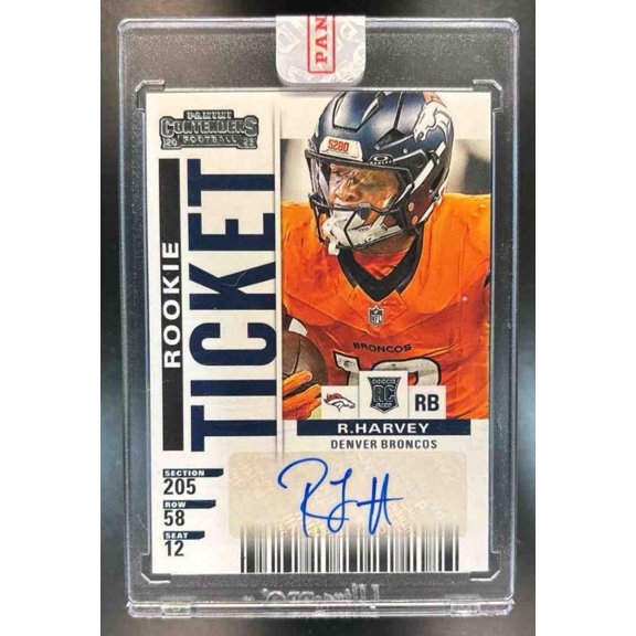RJ Harvey #9 Contenders Rookie Ticket RPS Variation Auto Panini Select Football Card Denver Broncos NFL Autographed Football Trading Card