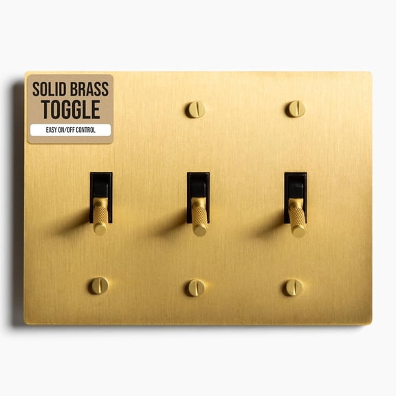 Select 3-Gang Solid Brass Toggle Switch, Satin Brass Finish, 15A 120V AC Wall Mount, Vintage Style Single Pole & 3-Way Compatible, with Faceplate & Switch Module, UL Listed