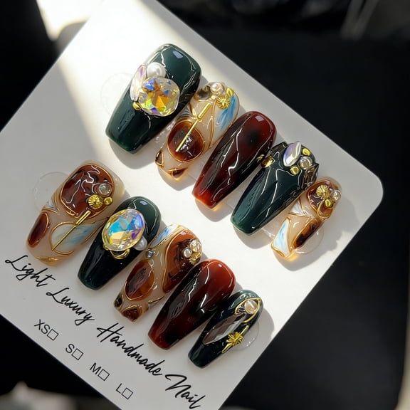 [Selected] High-quality light luxury pure handmade wearable nail collection Amber hawksbill wearable nail patch