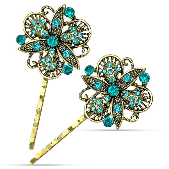 Selective Accents Sparkling Blue and Gold Hair Pin Set for Women Vintage Rhinestone Embellishment Elegant Formal Clip