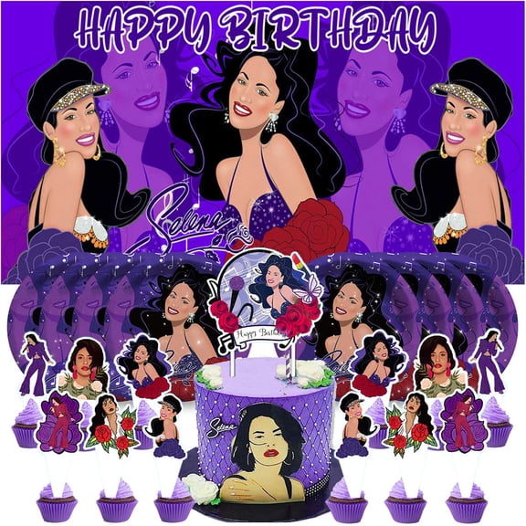 Selena Birthday Party Decor Set - 5x2.3ft Backdrop Banner, Paper Plates, Cake Toppers & Fan Decorations