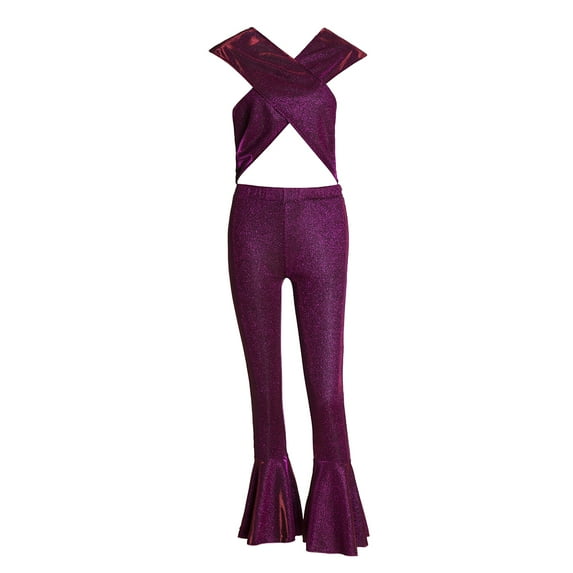 Selena Inspired Costume Purple Glitter Sparkle Catsuit Jumpsuit Bell Bottom Onesie Halter Salina Celebrity Halloween