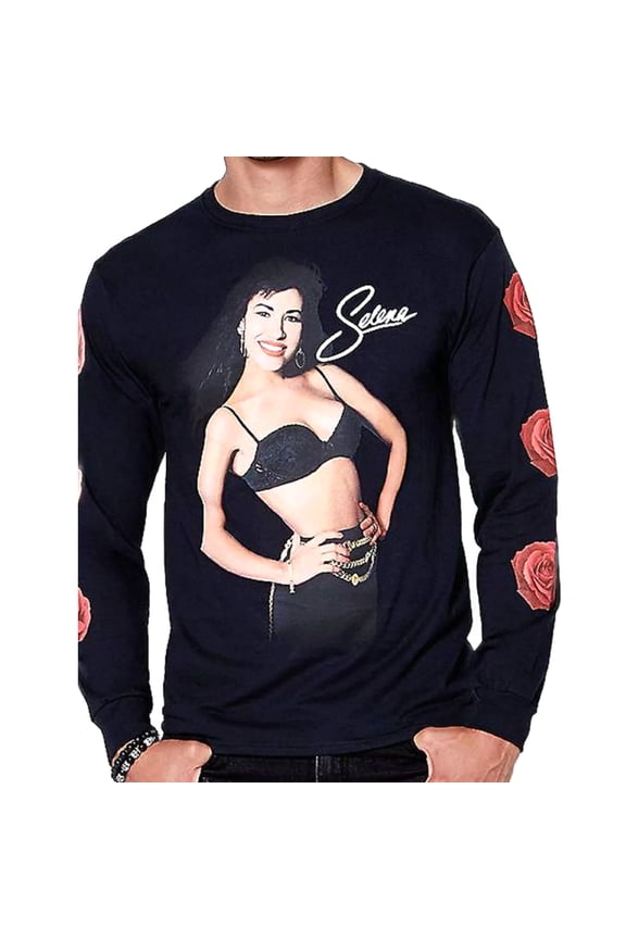 Selena Men's Rose Long Sleeve Black T-Shirt (Large)