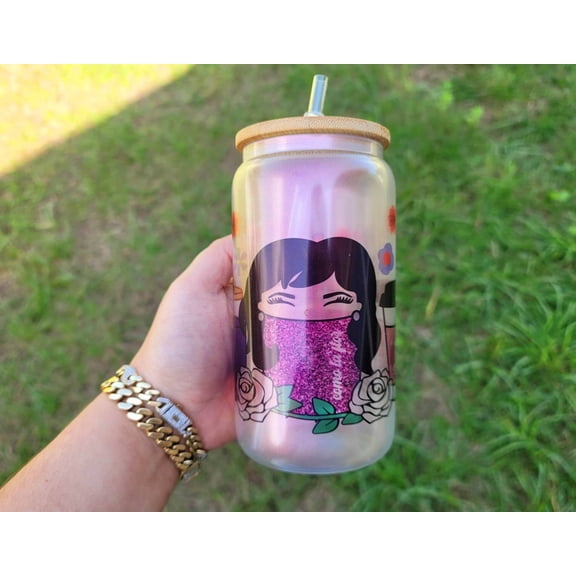 Selena Themed Beer Can Glass | Boho Coffee Glass 16 oz Glittery Libbey