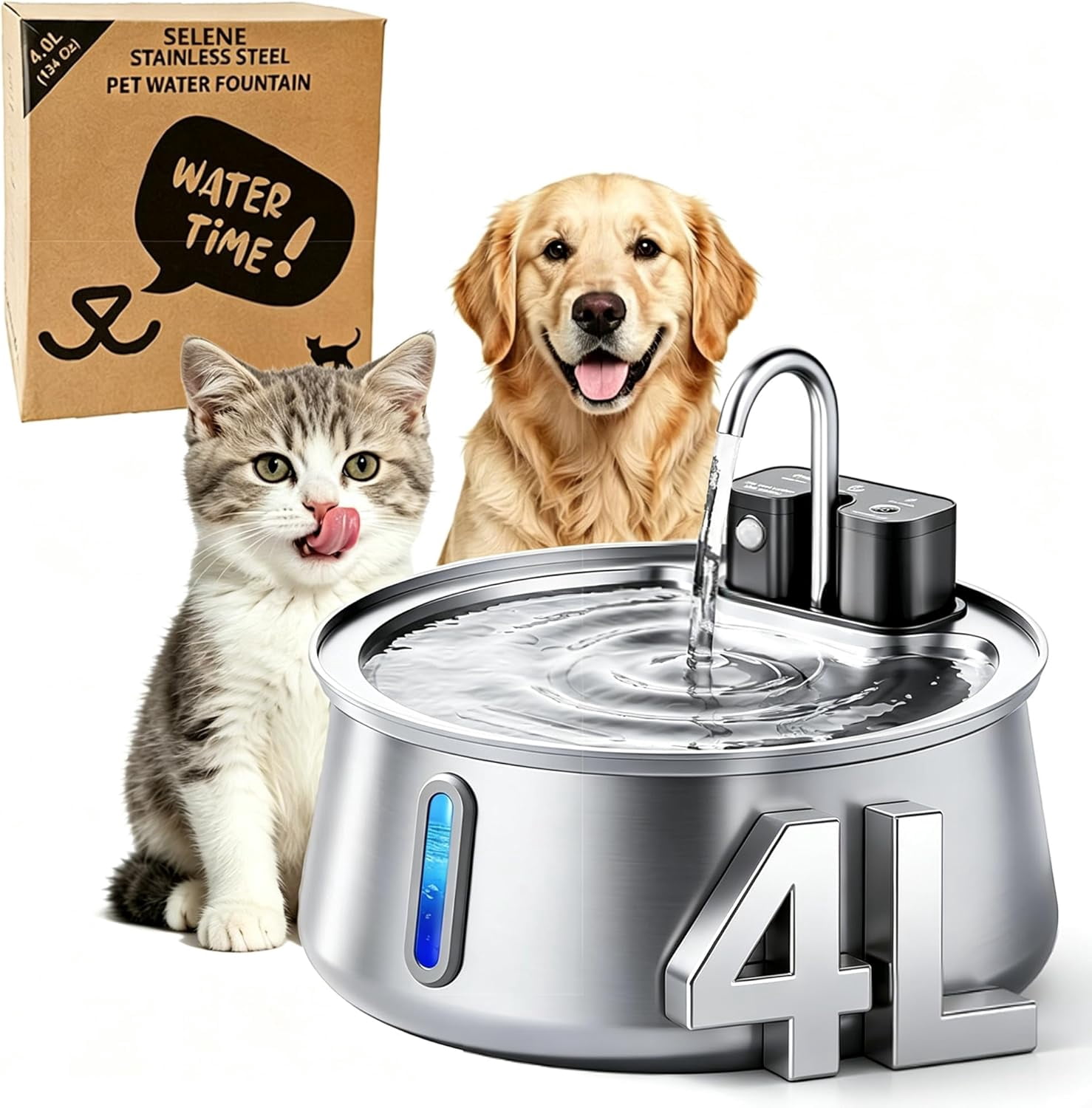 Selene Dog Water Fountain, 4.0L/135oz Large Automatic Pet Water Dispenser with 4000mAh Battery (60-Day Runtime), 3 Working Modes & 25dB Ultra Quiet,for Cats and Dogs