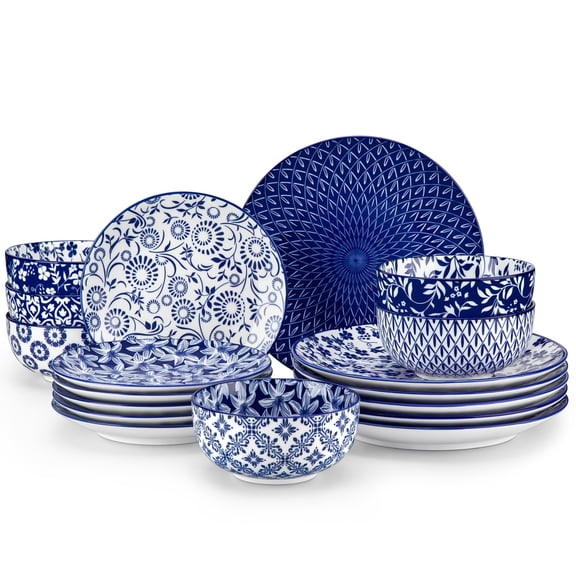 Selene Plates And Set For 6  18 Pieces Dinnerware Sets Mircowave Dishwasher Safe Dishes Porcelain Blue