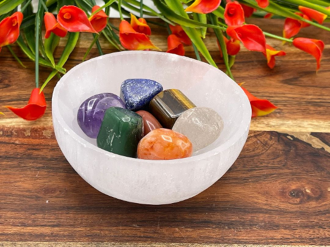 Selenite Bowl With 7 Chakra Tumbled Stones, Selenite Charging Bowl ...