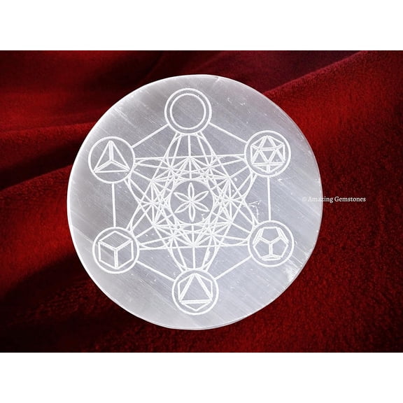 Selenite Charging Plate, Metatron Platonic Solid Engraved Crystal Charging Plate - 3" Inches