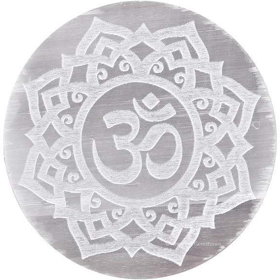 Selenite Crystal Charging Plate For Crystals And Healing Stones - OM Flower of Life Round Disc (4 Inch)